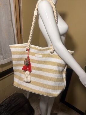 Vera Bradley Striped Tote in Cream & Tan with Rope Handles